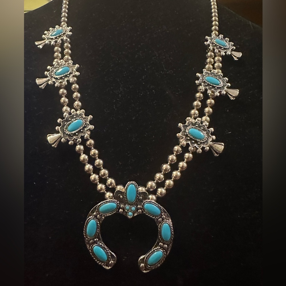 Southwestern Squash Blossom Necklace Turquoise Color Double Strand 28in